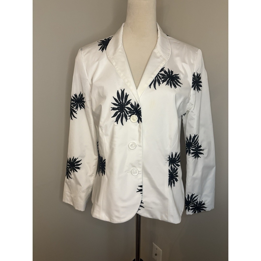 Flores & Flores Blazer Jacket White Black Floral Embroidered Retro Artsy Size 12